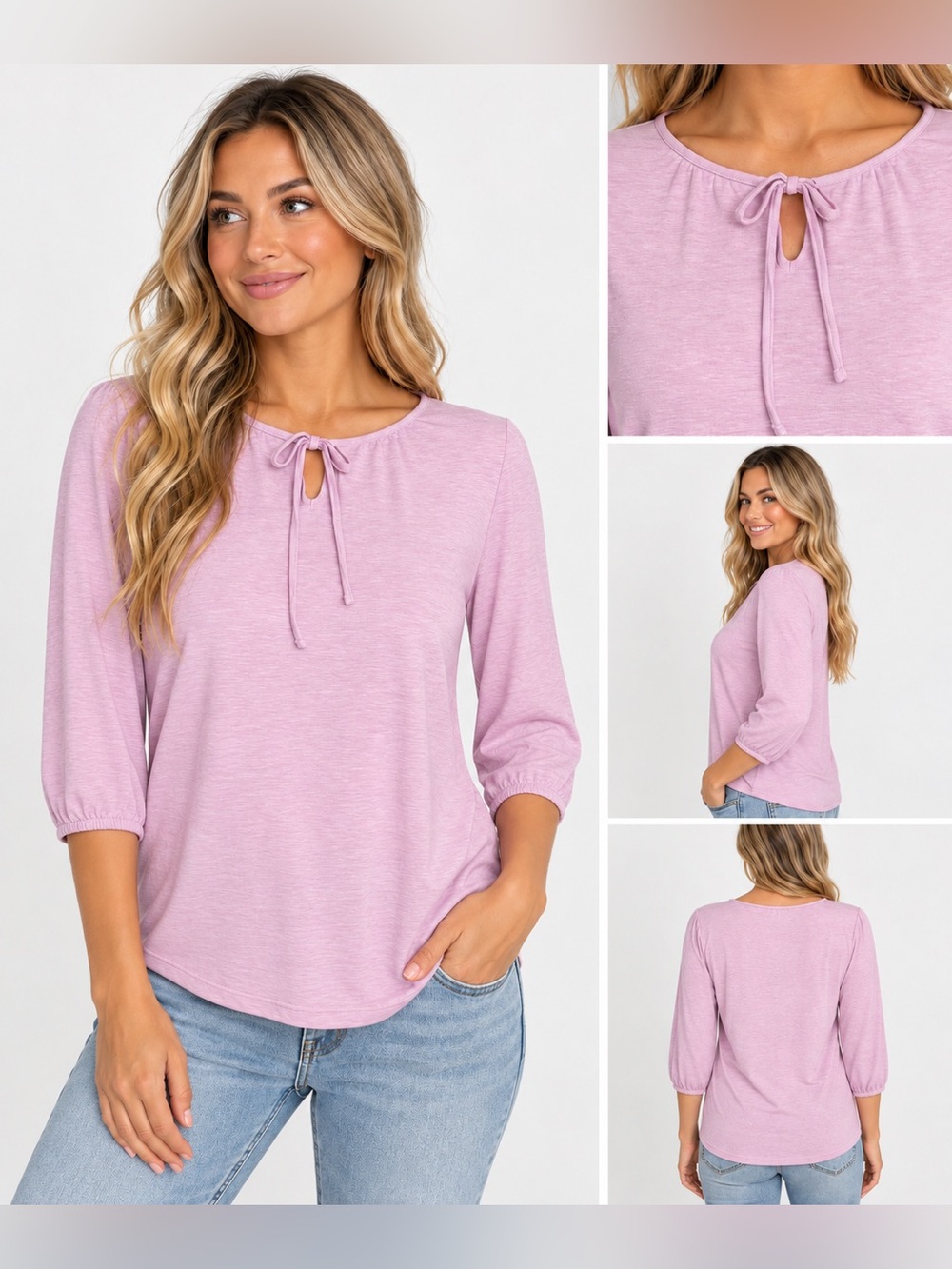 Talbots linen blend lilac tie neck 3/4 sleeves top size small petite